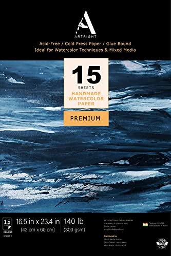 Image of ArtRight Artists' Watercolor Paper A2 300 GSM - 15 Sheets of Handmade Rough Grain Water Colour Papers for Watercolour, Acrylic, Gouache, Ink & Mixed Media