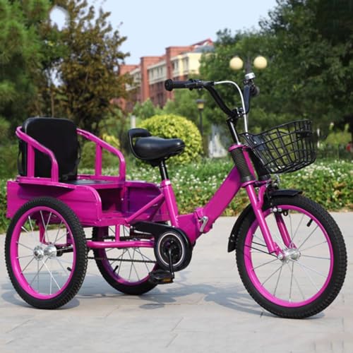 Folding Tandem Bike 3-10 Years Inflatable Tire Baby Stroller Kid's Tricycle Bicycle with Metal Basket(18-Inch)
