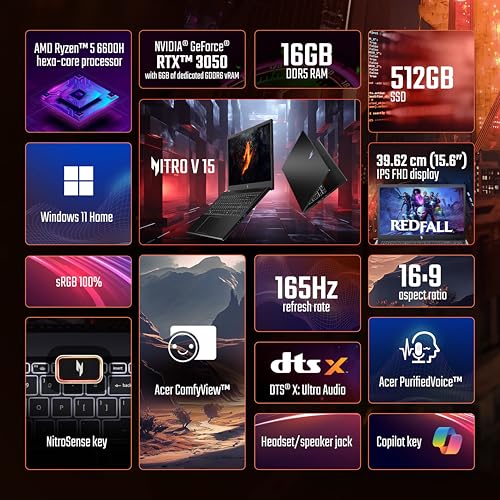 Image of acer Nitro V, AMD Ryzen 5 6600H, NVIDIA GeForce RTX 3050-6GB, 16GB DDR5, 512GB SSD, FHD IPS, 15.6 inch /39.6cm, 165 Hz, Win 11 Home, Obsidian Black, 2.1KG, ANV15-41, Gaming Laptop