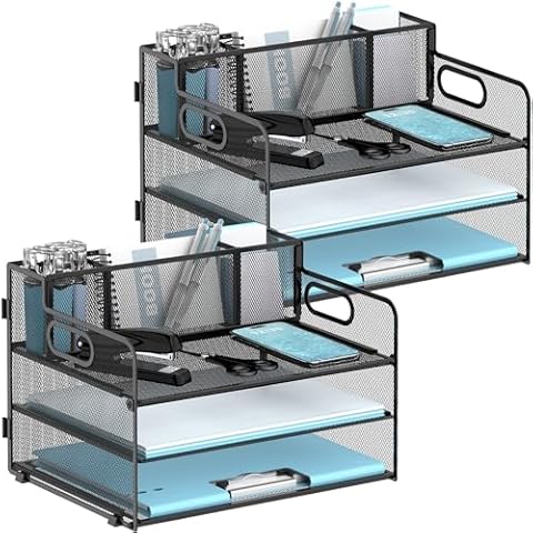 JMHUD 3-Tier Paper Letter Tray Organizer with Pen Holder, Mesh Desk Accessories & Workspace Organizers with Handle, File Sorter Office Supplies for Desk, Black 2 Pack Cover