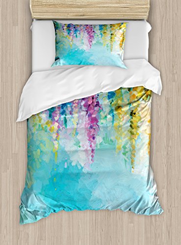 🛒 Crazy Deals Ambesonne Flower Duvet Cover Set, Abstract Ivy Romantic and Landscape Spring Floral Artwork Nature Theme, Decorative 2 Piece Bedding Set with 1 Pillow Sham, Twin Size, Turquoise Purple