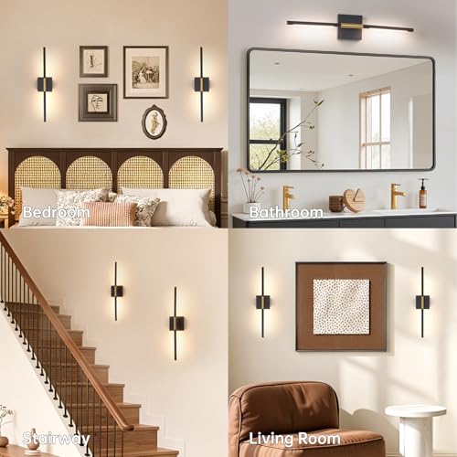 Image of Shenmoyl Battery Operated Wall Sconce Set of 2, 8000mAh Wireless Wall Sconces, 3000K-6000K Dimmable, 350Rotate, Indoor Wall Lights with Remote for Bedroom Living Room Bathroom, Black Gold, 23.6 Inch