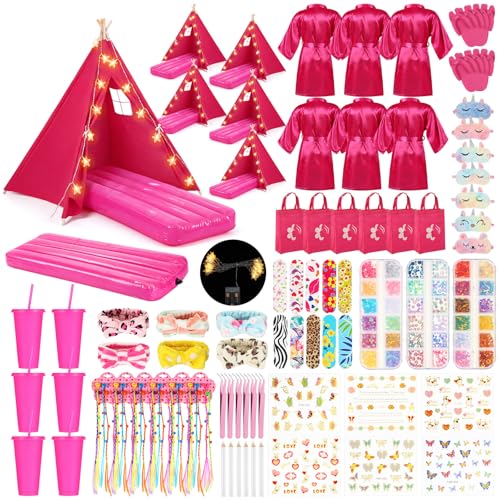 Chunm 6 Set Sleepovers Teepee Tents Spa Party Robes Supplies Bulk with Inflatable Airbed and Light String, Party Supplies for Birthday Movie Spa Favors Gift Indoor Outdoor (Complete,6 Rose Red)