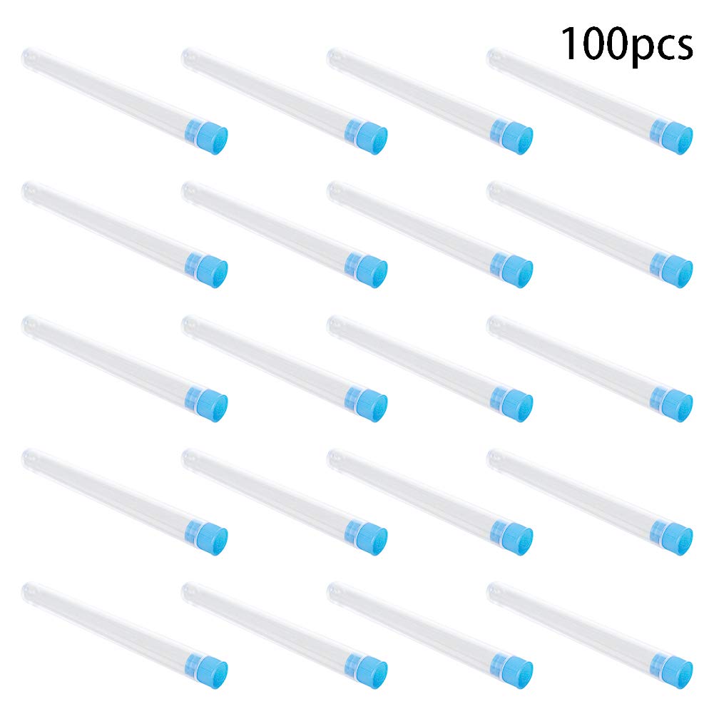 Othmro Plastikowa probówka 16 mm x 150 mm, przezroczyste, zaokrąglone dno z niebieską nasadką, 200 szt