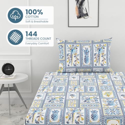 Image of LORETO - A QUALITY LINEN BRAND 144 TC 100% Pure Cotton Single Fitted Bedsheet with 1 Pillow Cover for 72 x 36 Inch Mattress, All-Around Elastic, 8 Inch Deep Pocket, Royal Parrot Flora Print - Blue