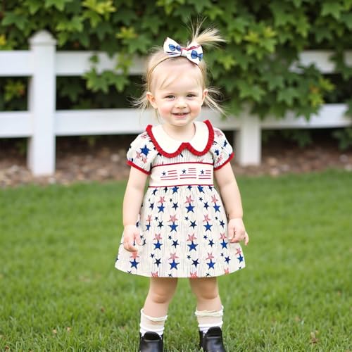 Kids Toddler Baby Girl 4th of July Outfit Star Short Puff Sleeve Doll Collar Smocked Dress American Flag Clothes2