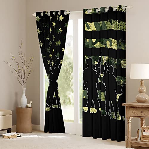 American Curtains For Boy Teen Armygreen Camouflage Window Curtains Adult Men Youth Vintage Usa Flag Stripes Military Style Camo 30-50% Blockout Curtains Soldier Silhouettes Window Drapes,84"X63" #TOP3