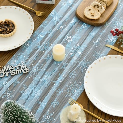 Artoid Mode Blue Snowflakes Christmas Gauze Table Runner 120 Inch 10FT, Winter Stars Sheer Cheesecloth Dining Holiday Table Decor for Home Party by Artoid Mode - Image 4