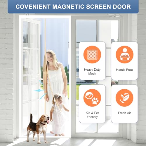 Image of METAONLY Magnetic Screen Door Mesh, Works for Patio, Sliding Door, Keeps Bug Mosquito Out, Fresh Air Flow, Fits 72 inch x 80 inch Door - Curtain Size 74 inch x 82 inch, White
