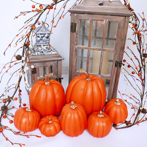 Image of Winlyn 7 Pcs Assorted Harvest Orange Artificial Pumpkins Decorative Pumpkins Foam Pumpkins with Gold Stems for Fall Harvest Autumn Home Wedding Thanksgiving Halloween Party Table Centerpiece Decor