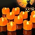 Halloween 12 Pack Orange Tea Lights, Small Dripping Candles, Battery Operated LED Tealights, Mini Pumpkins Lights with Warm White Bulb, Flameless, Electric Fake Tea Candles Realistic for Halloween