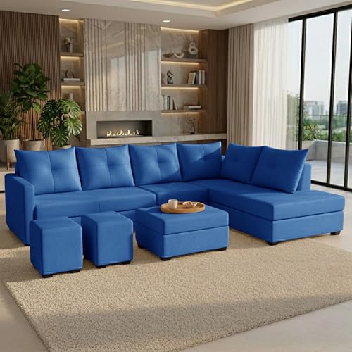 Image of Wood 8 Seater Sofa Set with Ottoman & Stools | Velvet Fabric Upholstery | Modern L Shape Wooden Frame Couch for Living Room, Home & Office (Blue)