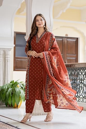 Image of MEERA FAB Women's Cotton Blend Straight Printed Kurta with Palazzo & Dupatta