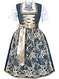 Das Set besteht aus einem blauen Dirndlkleid mit zarten Verzierungen, einer rosa Spitzenschürze und einer passenden weissen Dirndlbluse