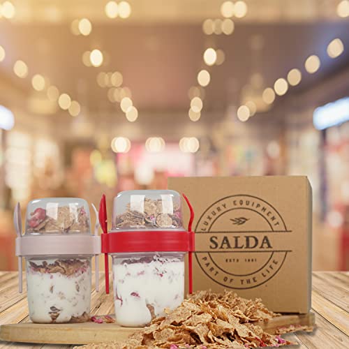 Salda 2 Pack 22 Oz Breakfast On The Go Cups, Take And Go Yogurt Cup With Topping Cereal Cup With Spoon And Fork, Overnight Oats Or Oatmeal Container Jar, Colorful Set Of 2 (Red And Pink) #TOP3