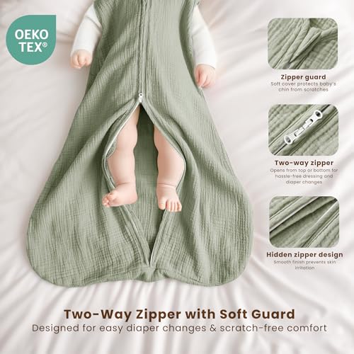 Image of Konssy Muslin Baby Sleep Sack 6-12 Months, 0.8 TOG Baby Wearable Blanket | 2 Pack, 2-Way Zipper, 100% Cotton, Soft & Breathable Sleeping Sack, Infants & Toddlers Nursery Essentials (Cream,Fog Green)