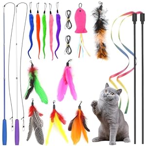UGBO Jouet Chat Interactif Jouets à Plumes pour Chats Plume Interactifs Jouet Chat avec Teaser de Remplacement et Cloche Interieur Jeux Chat Baguette Interactive Canne à Pêche Cadeau Jeu (Style 1)