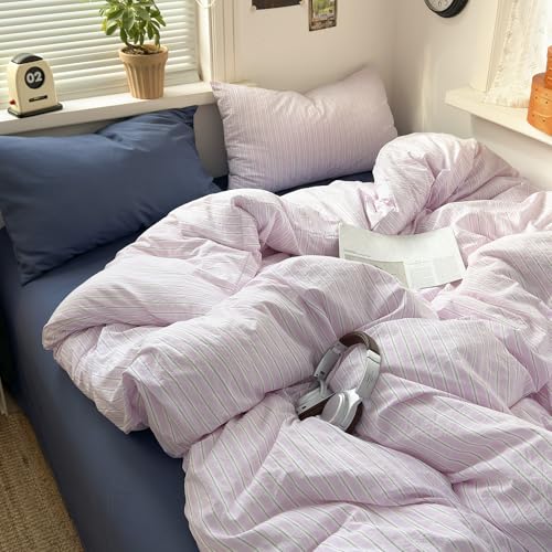 Image of EAVD Retro Striped Duvet Cover Twin Pink Grey Vertical Striped 3-Piece | Soft Washed Microfiber, Vintage Striped Bedding Set, with 2 Pillowcases, Aesthetic Stripes, Zipper Closure, for Women Girls