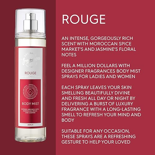Designer Fragrances 3 Pack Rouge Bundle - Women's Feminine Body Mist Spray Bottles - For Silky Soft, Beautifully Smelling Divine & Fresh Skin, Revitalizing, Hydrating - Great Gifts - 250ml - Image 3
