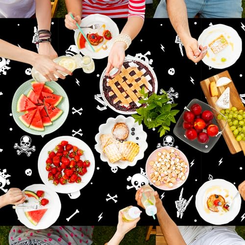 Image of K1tpde 3PCS Bad Two The Bone Party Tablecloth for Kids, Music Themed 2nd Black Plastic Tablecloth, Rock and Roll 2nd Disposable Table Covers for Birthday Decoration, Skeleton Party Supplies