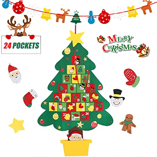 Calendario De Adviento De Navidad, DIY Fieltro Árbol De Navidad Bolsillo De Calendario, 24 Días Calendario De...