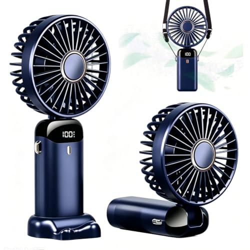 MIFKLMV Tragbarer Handventilator, USB-wiederaufladbarer Ventilator mit LED-Display, 5 Geschwindigkeiten, MiniVentilator, 90° faltbarer Schreibtischventilator mit Sockel, USB-Schreibtischventilator für