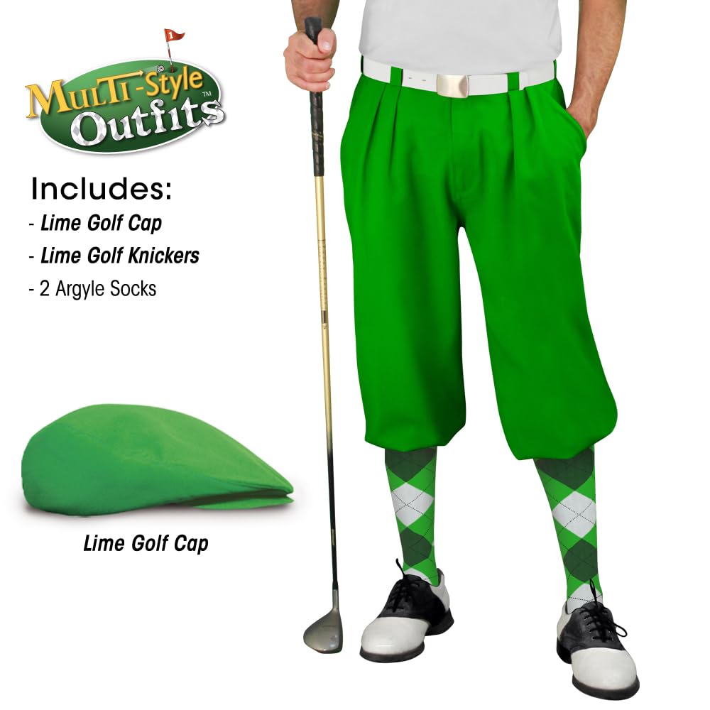 Mens Multi Style Lime Golf Outfit - Matching Knickers and Cap - Two Over-The-Calf Golf Socks - Size 56
