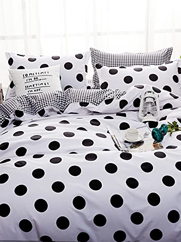 Jyhoney 3Pcs Polka Dot Comforter Set Twin Size Black White Dots Print Reversible Geometric Gingham Bedding Coverlets Soft Microfiber Watercolor Dotted Single Down Comforter Quilt Sets #TOP3