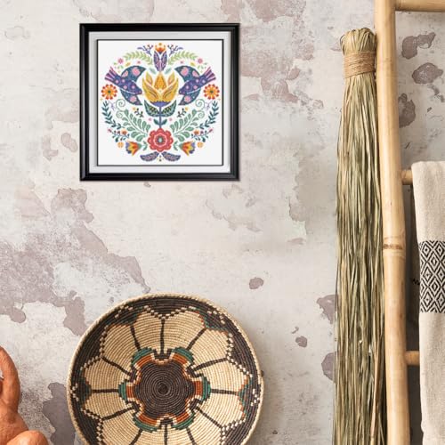 Image of FREEBLOSS 11CT Stamped Cross Stitch Kits Scandinavian Folk Art Cross Stitch Ornament Kits with Instructions Embroidery Needlepoint Kit for Wall Hanging Home Decor 17.7x17.7inch