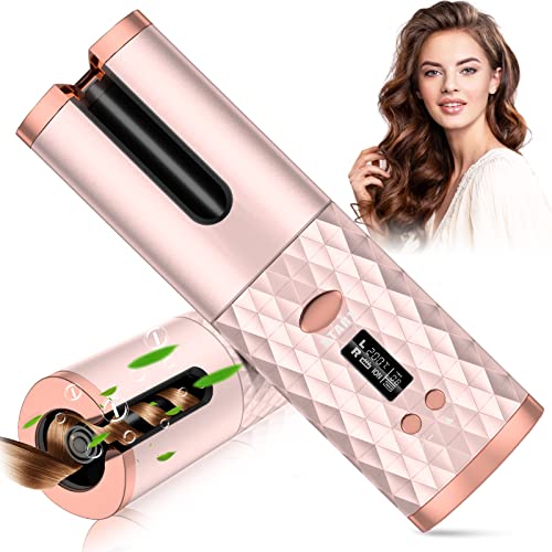 Automatic Curling Iron, Cordless Auto Hair Curler with 6 Temps & Timers, Rechargeable Ceramic Barrel Hair Curlers, Portable Rotating Curling Wave Wand Styling Tool, Auto Shut Off