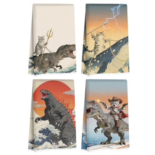 Jztco 4 Pcs Funny Cat Kitchen Towels, Japanese...