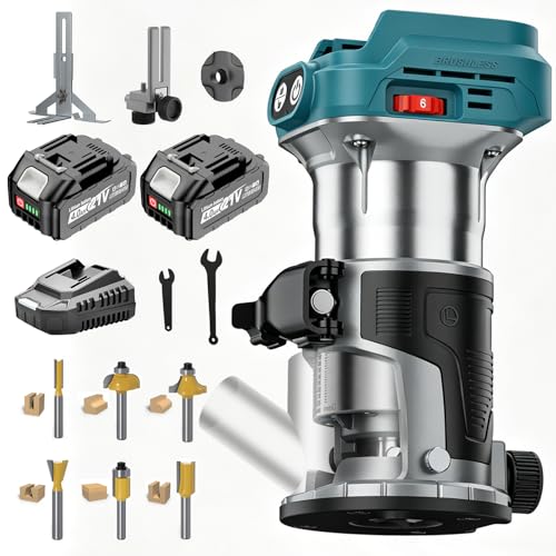 Yofuly Akku Oberfräse Kompatibel mit Makita 18V Akku Bürstenloser Akku Kantenfräse Holz Fräse 6 Drehzahlregelung | 28000RPM | Aluminiumsockel + 6-tlg. Hartmetall Fräser 6 35mm Set