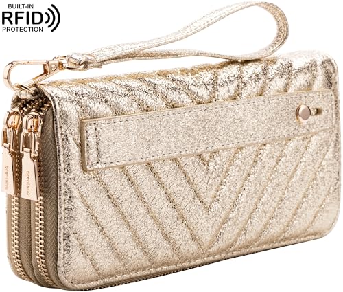 B BRENTANO Vegan Leather Double Zipper Pocket Wallet with Grip Hand Strap (GOLD GLITTER)3