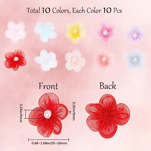 GORGECRAFT 100PCS 10 Colors Small Craft Flowers Embellish Ribbon Flowers Beaded Organza Flowers Chiffon 5-Petal Flower Ornament Accessories Sewing Applique with Plastic Imitation Pearl for Women - Image 2
