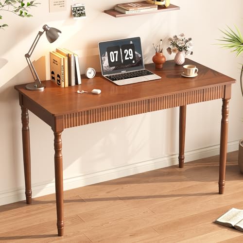 Image of 100% Solid Wood Desk with Drawers - 47.2 inch x 21.7 inch Mid Century Modern Desks, Vintage Writing Desk with Drawers, Simple Work Study Table, Home Office Computer Desks for Any Room - Walnut Color