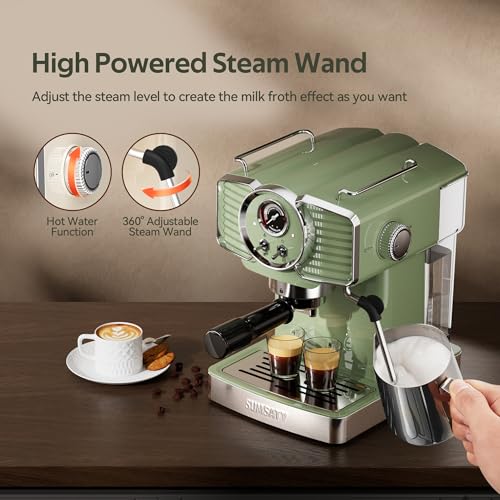 Image of SUMSATY Espresso Machine 20 Bar, Retro Espresso Maker with Powerful Milk Frother Steam Professional Expresso Machine for Home with 61oz Water Tank Cappuccino & Latte Maker, Green
