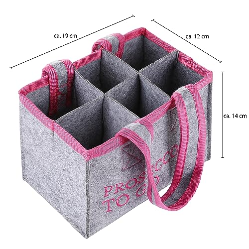 FunX Flaschentasche Prosecco to go - Filztasche für 6 Flaschen - Grau mit Trageschlaufen und Aufdruck - Vielseitig einsetzbar - 19x12x14 cm