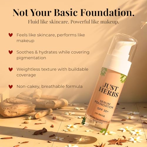 Image of Just Herbs Serum Foundation SPF 30+ | Buildable Coverage & Natural Finish | No Parabens, No Mineral Oil | For Indian Skin Tones | Lightweight & Hydrating | 30 ML (BEIGE)