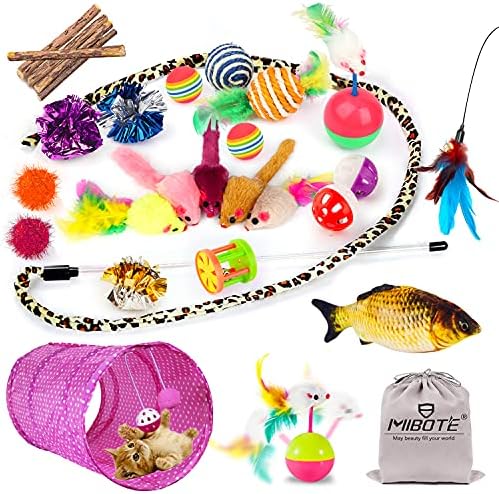 MIBOTE 28Pcs Cat Toys Kitten Toys Assorted, Cat Tunnel Catnip Fish Feather Teaser Wand Fish Fluffy Mouse Mice Balls and Bells Toys for Cat Puppy Kitty