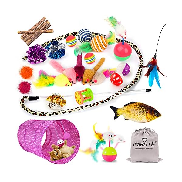 Mibote 28pcs kitten toys assorted, cat tunnel catnip fish feather teaser wand fluffy mouse mice balls and bells toys for cat puppy kitty
