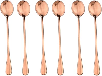 Gugrida Copper Long Handle Spoon, 304 Stainless Steel Spoon Set Mixing Spoon Ice Cream Spoon Long Spoon Iced Tea Spoon Coffee Spoon Rose Gold Dessert Spoon Milkshake Spoon,Set of 6(Ice Spoon)