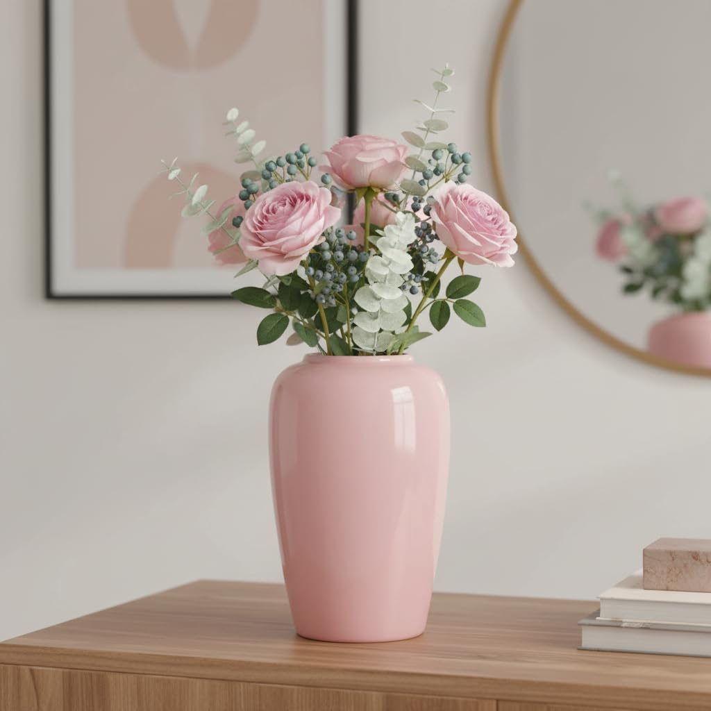 Pink Ceramic Vase - Cute Modern Vase for Home Decor - Decorative Flower Vase for Living Room, Mantel, Kitchen Table, Easter Table, Outdoor, Wedding Decor, 8 Inch