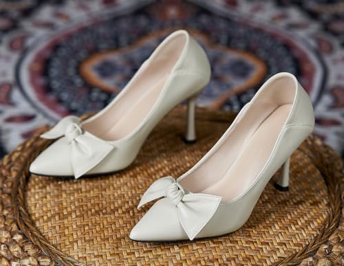 YooPrettyz Women's Bow Pointed Toe Shoes Slip On Dress Leather Pumps Wedding Bridal Party Stilettos2