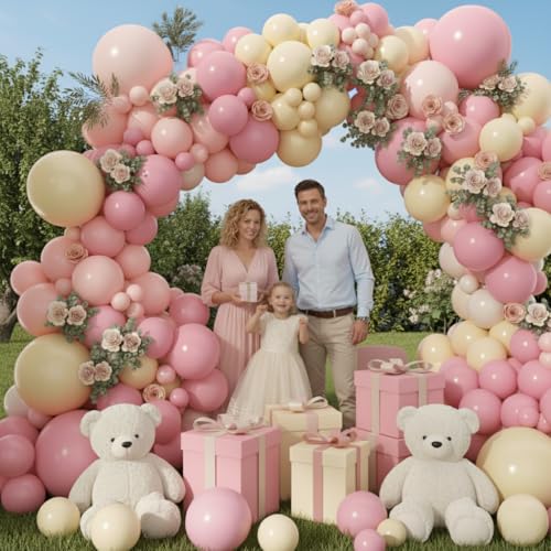 Image of Pink and Yellow Balloon Arch Garland Kit 157pcs, Pastel Pink Light Pink Yellow Sand White Balloons Arch Kit for Birthday Baby Shower Bridal Shower Wedding Bee Bear Themed Party Decorations