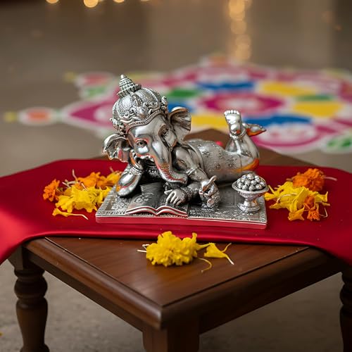 Image of 999 Silver Plated Ganesh Idol | Vastu Home Decor for Pooja Room, Mandir & Office | Lord Ganesha Statue for Blessings, Wisdom & Prosperity | Gift for Housewarming, Diwali & Car Dashboard