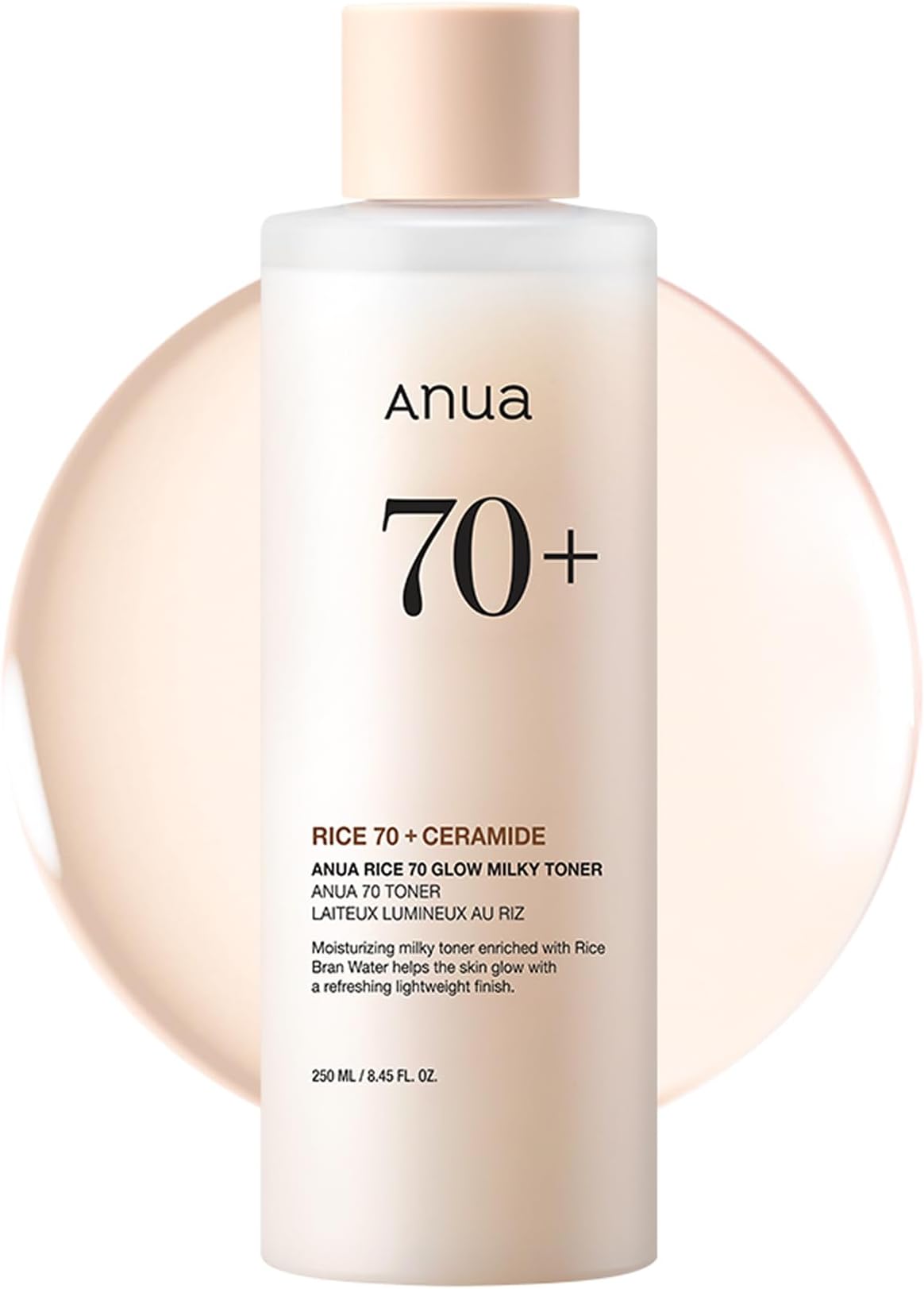 ANUA Rice 70 Glow Milky Toner, for Glass-like Skin and Whitening, Rice Water, Niacinamide, Ceramides, Panthenol, Non-Comodogenic, Fungal Acne Safe, 250ml/8.45fl.oz