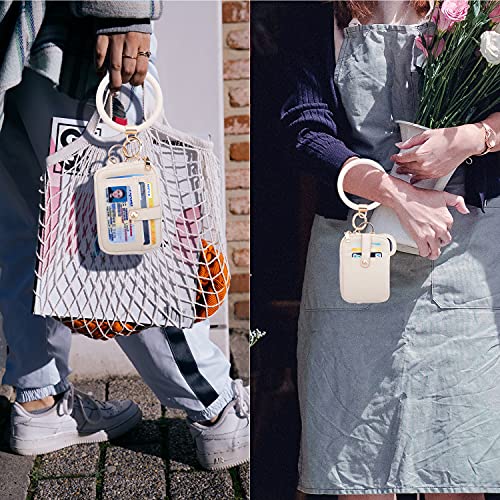 Snugstar Round Bangle Keychain Id Card Holder Card Pocket Wristlet Keychain Bangle Key Ring For Women Girls (Id Card & Airtags Holder Purse Litchi Pattern01 Creamy Grey) #TOP4