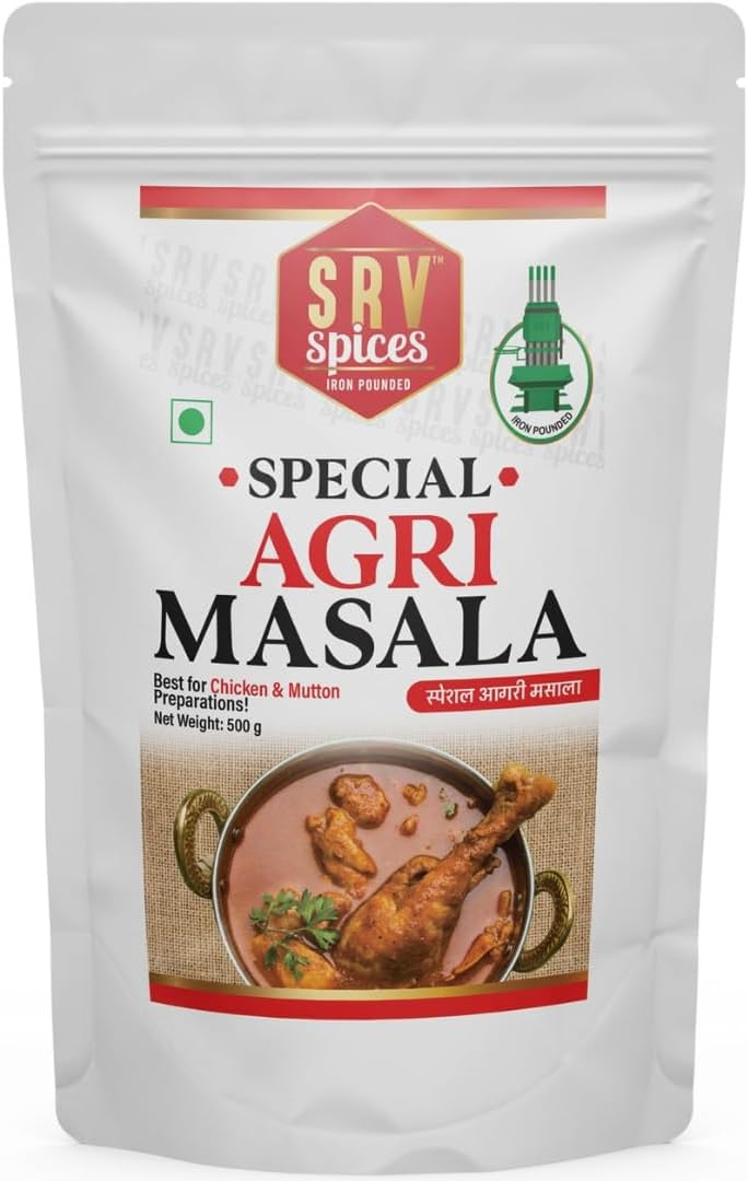 SRV SPICES (iron pounded) Special Agri Masala | Mild Spicy & Rich In Colour| 57 Years Of Experience| Agri Fish Fry/Curry recipes | Agri Chicken/Mutton Spice Blend/Powder(500g,Pack Of 1)