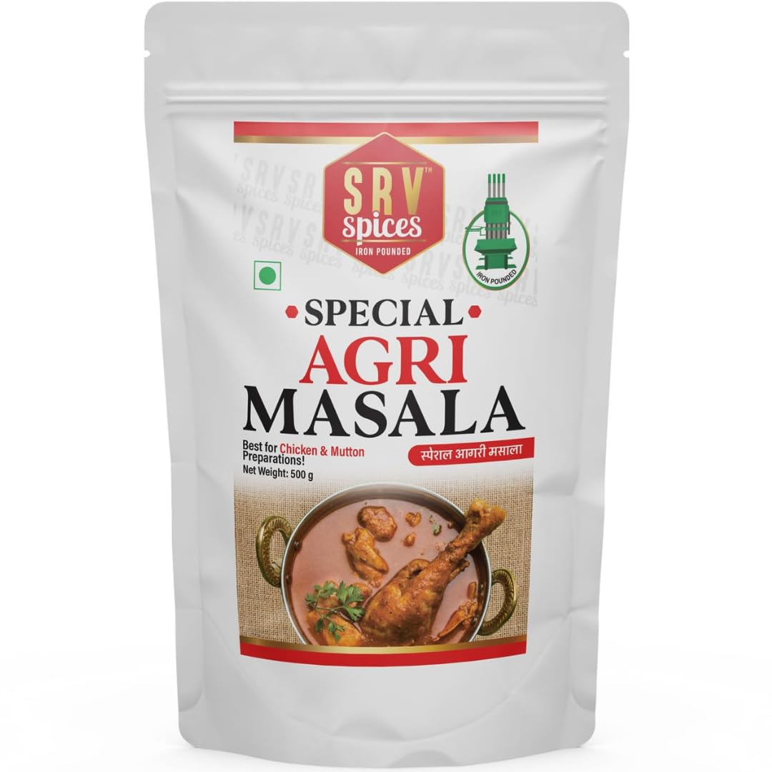 SRV SPICES (iron pounded) Special Agri Masala | Mild Spicy & Rich In Colour| 57 Years Of Experience| Agri Fish Fry/Curry recipes | Agri Chicken/Mutton Spice Blend/Powder(500g,Pack Of 1)