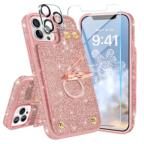 Fingic iPhone 12 Pro Max Case Wallet with [ 1*Screen Protector+1*Camera Protector ] 360°Ring 5 Card Holder Glitter Sparkle Kickstand RFID Blocking Protective Case for iPhone 12 Pro Max,6.7